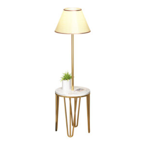 Floor Lamp with Side Table, Modern End Table Lamp Combo with Marble-Look Round Top and Gold Metal Frame, Cream Shade Bedside Lamp Table for Living Room, Bedroom, Sofa