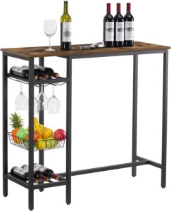 Industrial Bar Table with Wine Rack & Storage, Rustic Wood Counter Height Pub Table with Glass Holder, Black Metal Frame High Top Bar Table for Kitchen, Dining Room, Home Bar, Bistro
