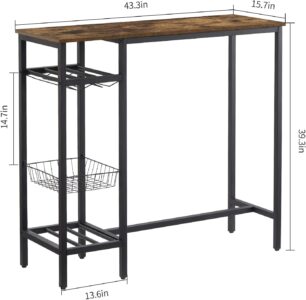 Industrial Bar Table with Wine Rack & Storage, Rustic Wood Counter Height Pub Table with Glass Holder, Black Metal Frame High Top Bar Table for Kitchen, Dining Room, Home Bar, Bistro