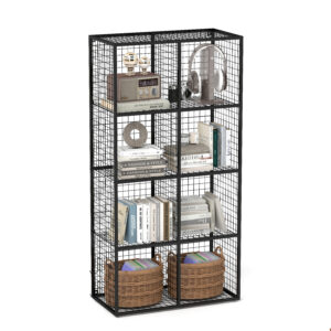 8-Cube Wire Shelf with Hooks, Metal Grid Storage Shelf for Books, Black Industrial Cube Organizer Shelf Freestanding or Wall Mounted for Living Room, Bedroom, Office, Entryway