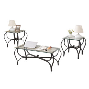 3-Piece Coffee Table Set with 2 Side Tables, Modern Glass Coffee Table and End Tables with Black Metal Frame, Curved Legs Tempered Glass Living Room Table Set