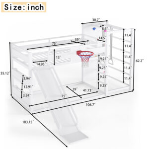 Kids Twin Loft Bed with Slide, Climbing Wall, Basketball Hoop and Pull-Up Rings, Low Loft Bed with Guardrails for Toddlers Boys Girls, White