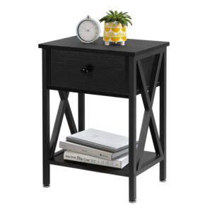 Nightstand with Drawer and Open Shelf, Industrial Bedside Table with Wood Top and Black Metal Frame, X-Shaped Side Support, Compact End Table for Bedroom Living Room