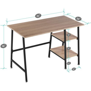 Computer Desk with 2-Tier Storage Shelves, 43 Inch Home Office Desk with Light Oak Wood Top and Black Metal Frame, Modern Writing Study Desk for Small Space, Home Office, Bedroom, Gaming