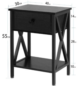 Nightstand with Drawer and Open Shelf, Industrial Bedside Table with Wood Top and Black Metal Frame, X-Shaped Side Support, Compact End Table for Bedroom Living Room