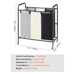 3-Section Laundry Basket, Heavy Duty Laundry Hamper Storage Organizer, Laundry Sorter Cart with Heavy Duty Lockable Wheels for Dirty Clothes in Laundry Room Bedroom