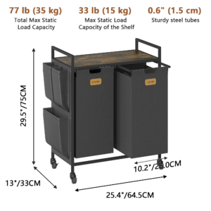 2 section laundry hamper with wheels US warehouse, Laundry Sorter with Wheels, Laundry Basket Organizer with Shelf & 2 Pull-Out Removable Bags, Dirty Clothes Hamper Organizer for Laundry Room Bathroom Dorm ,26.4 gallons(100L)