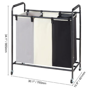 3-Section Laundry Basket, Heavy Duty Laundry Hamper Storage Organizer, Laundry Sorter Cart with Heavy Duty Lockable Wheels for Dirty Clothes in Laundry Room Bedroom